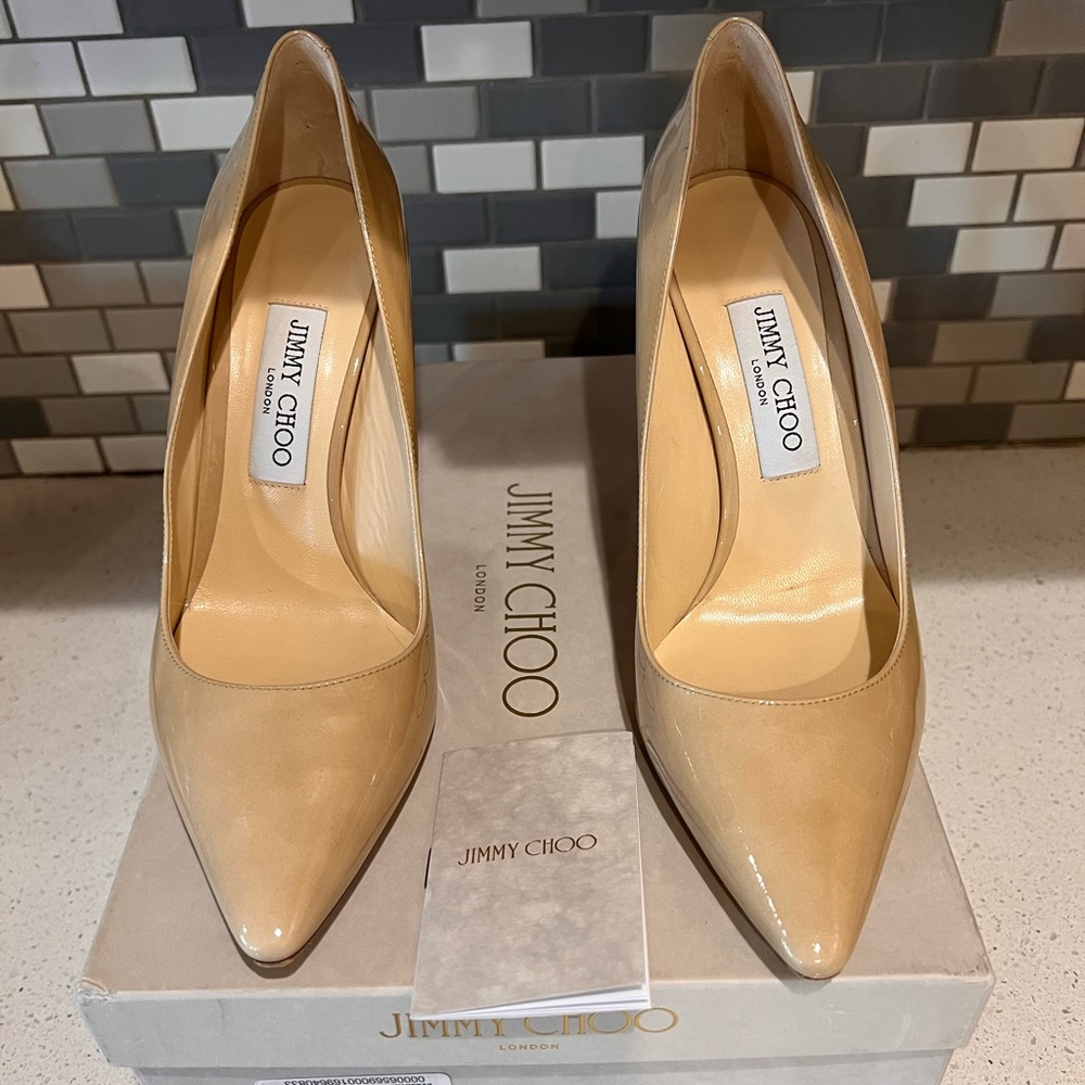 Jimmy Choo Romy 100 Nude Patent Leather Pumps w/box